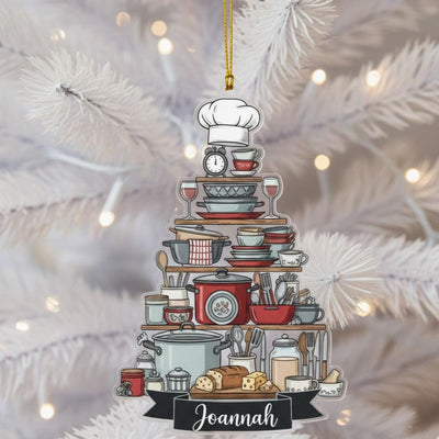 Personalized Chef Ornament, Custom Name Ceramic Christmas Gift for Cook, Kitchen Utensil Tree Design, Baking Lover Holiday Keepsake,Ornament