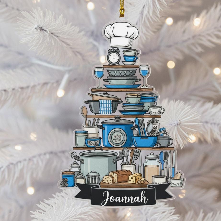 Personalized Chef Ornament, Custom Name Ceramic Christmas Gift for Cook, Kitchen Utensil Tree Design, Baking Lover Holiday Keepsake,Ornament