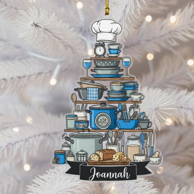Personalized Chef Ornament, Custom Name Ceramic Christmas Gift for Cook, Kitchen Utensil Tree Design, Baking Lover Holiday Keepsake,Ornament