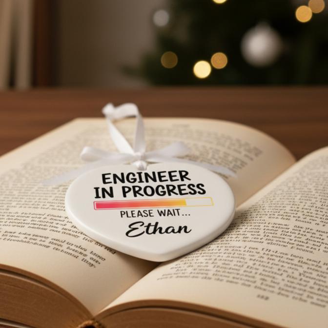 Engineer in Progress Ornament, Custom Name Ceramic Christmas Gift, Funny Engineering Student Decor, Tech Lover Holiday Tree Keepsake
