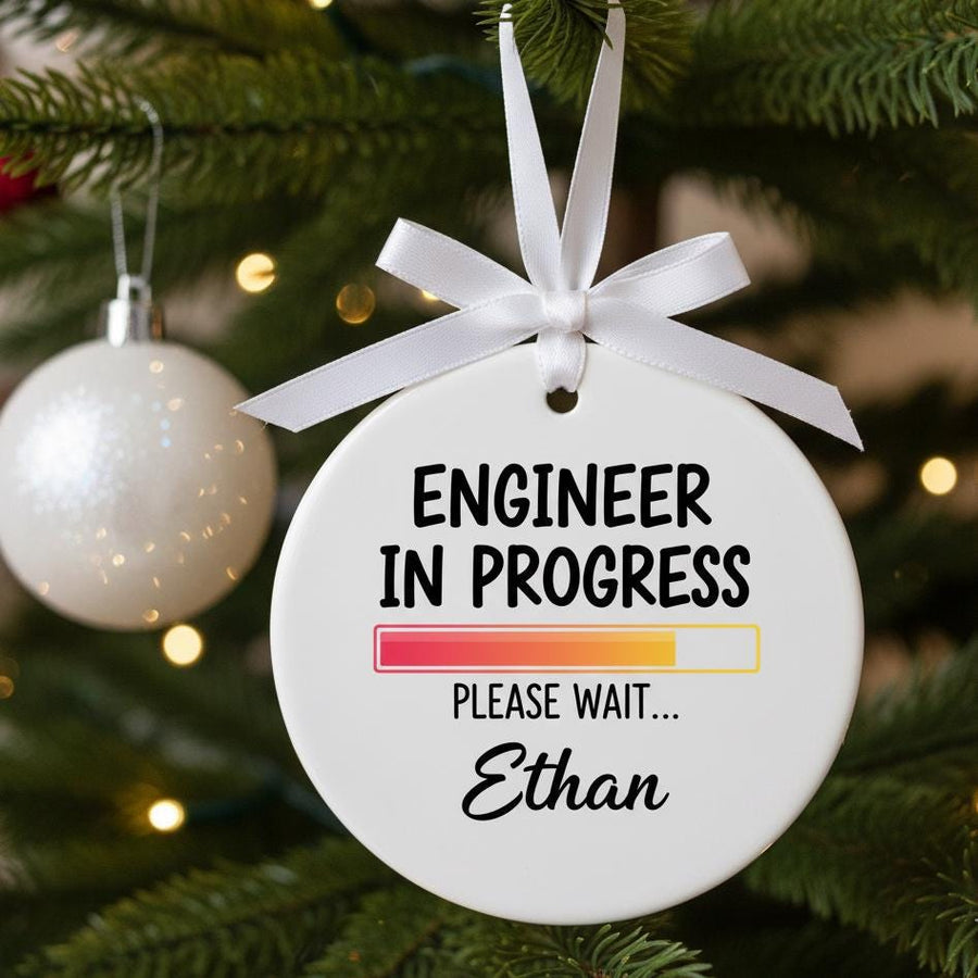Engineer in Progress Ornament, Custom Name Ceramic Christmas Gift, Funny Engineering Student Decor, Tech Lover Holiday Tree Keepsake