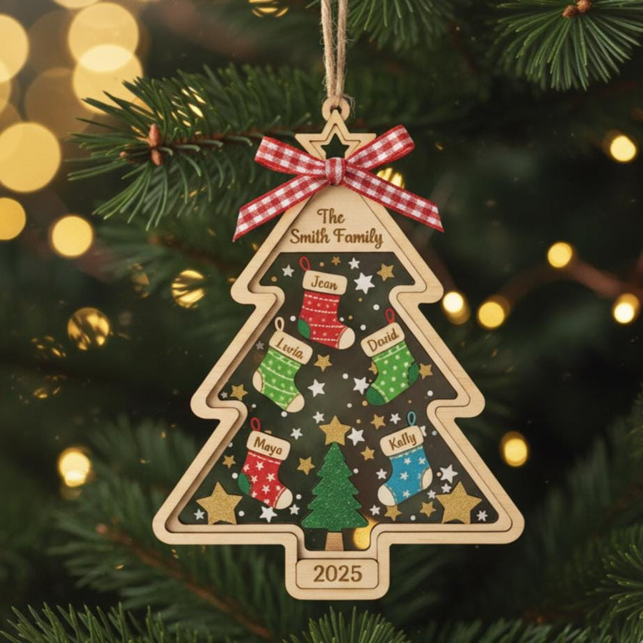 Personalized Family Christmas Ornament, Custom Wood Tree Ornament with Names and Year, Holiday Stocking Decor, Family Keepsake Gift