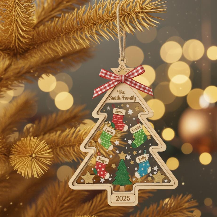 Personalized Family Christmas Ornament, Custom Wood Tree Ornament with Names and Year, Holiday Stocking Decor, Family Keepsake Gift