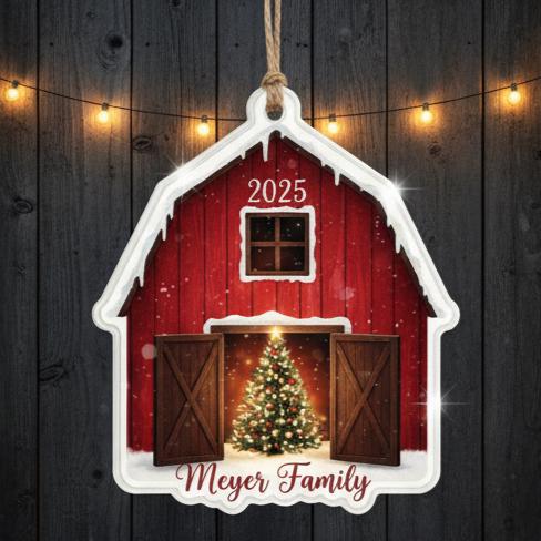 Personalized Barn Christmas Ornament, Custom Name and Year Acrylic Holiday Gift, Red Farmhouse Ornament, Family Country Keepsake 2025
