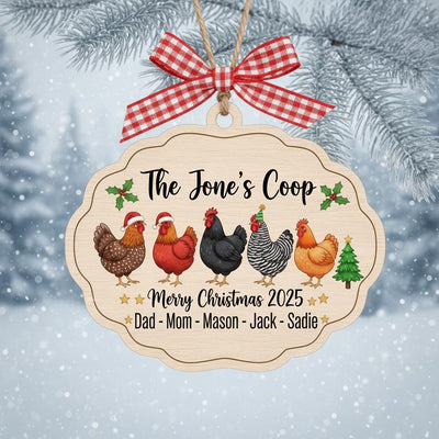 Personalized Chicken Family Ornament, Custom Name and Year Wooden Christmas Gift, Farmhouse Hen Coop Decor, Rustic Holiday Keepsake 2025