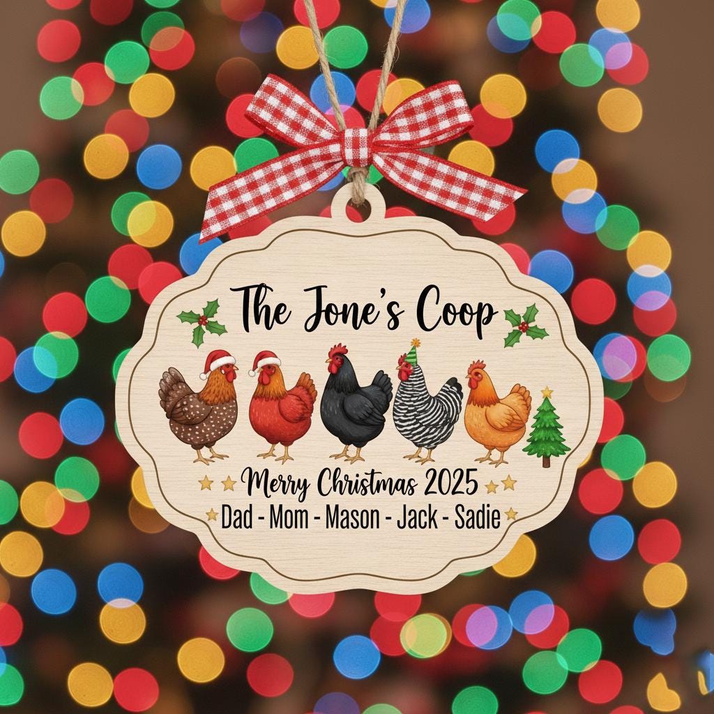 Personalized Chicken Family Ornament, Custom Name and Year Wooden Christmas Gift, Farmhouse Hen Coop Decor, Rustic Holiday Keepsake 2025