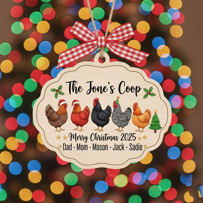 Personalized Chicken Family Ornament, Custom Name and Year Wooden Christmas Gift, Farmhouse Hen Coop Decor, Rustic Holiday Keepsake 2025