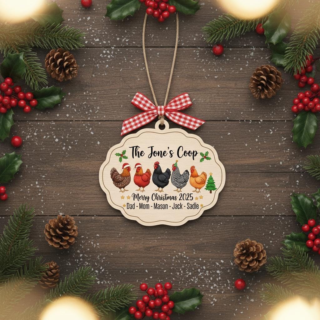 Personalized Chicken Family Ornament, Custom Name and Year Wooden Christmas Gift, Farmhouse Hen Coop Decor, Rustic Holiday Keepsake 2025