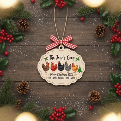 Personalized Chicken Family Ornament, Custom Name and Year Wooden Christmas Gift, Farmhouse Hen Coop Decor, Rustic Holiday Keepsake 2025