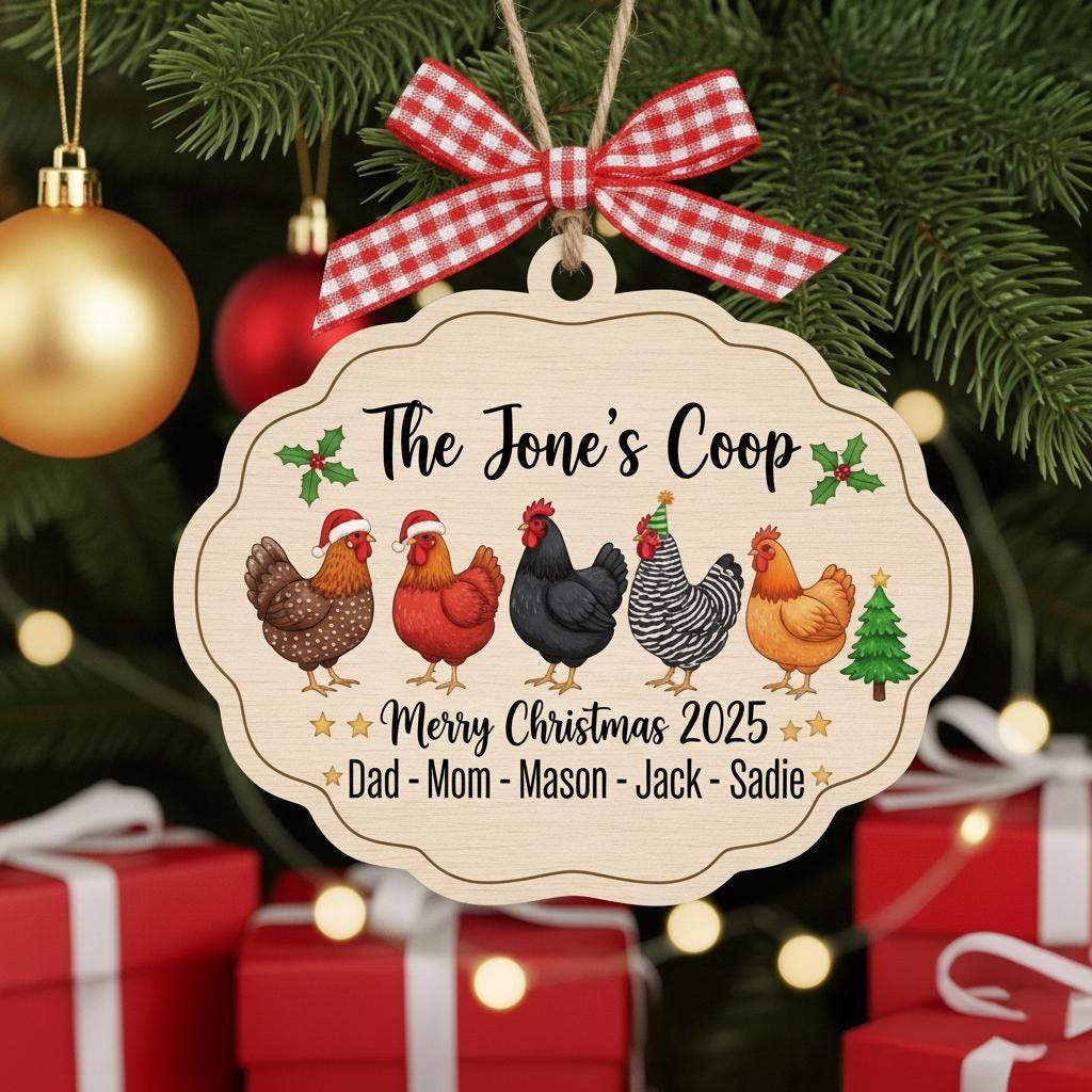 Personalized Chicken Family Ornament, Custom Name and Year Wooden Christmas Gift, Farmhouse Hen Coop Decor, Rustic Holiday Keepsake 2025