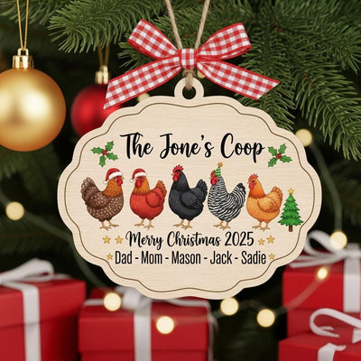 Personalized Chicken Family Ornament, Custom Name and Year Wooden Christmas Gift, Farmhouse Hen Coop Decor, Rustic Holiday Keepsake 2025