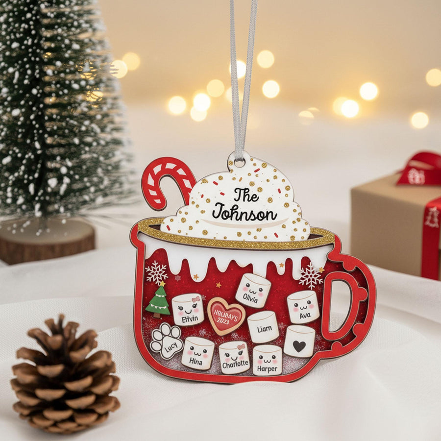 Custom Family Hot Cocoa Ornament, Personalized Acrylic Christmas Mug, Custom Names and Year Decoration, Holiday Keepsake Gift for Family