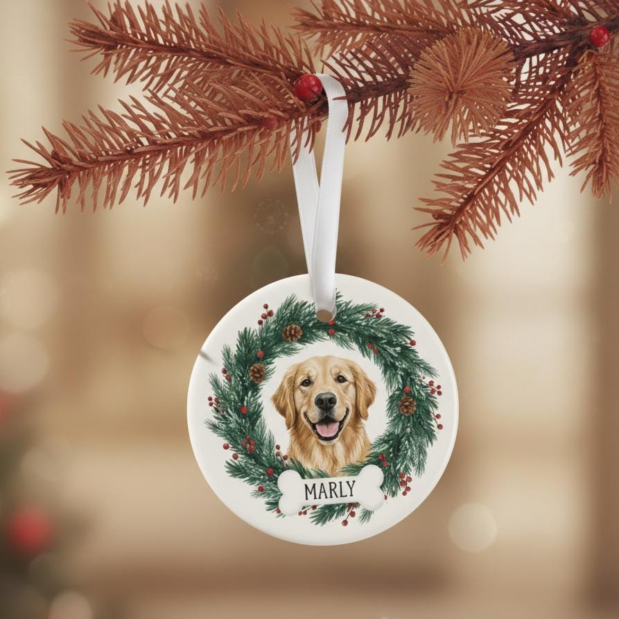 Personalized Ceramic Dog Ornament, Custom Pet Name and Year, Golden Retriever Christmas Keepsake, Pet Memorial Gift, Holiday Decor 2025