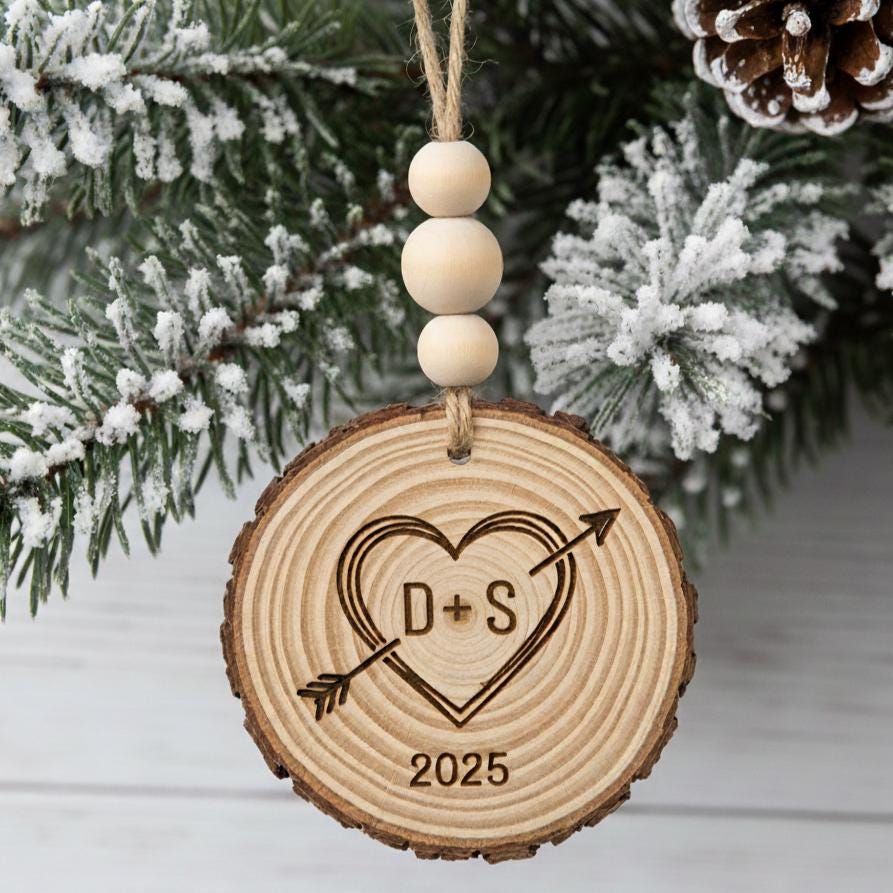 Personalized Wooden Christmas Ornament, Custom Initials and Year, Rustic Heart Engraved Ornament,Couple Gift,Farmhouse Holiday Keepsake 2025