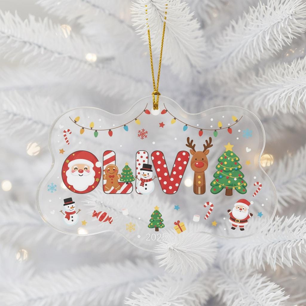 Personalized Acrylic Christmas Ornament, Custom Name and Year Decoration, Cute Santa Reindeer Tree Keepsake, Holiday Gift for Kids Family