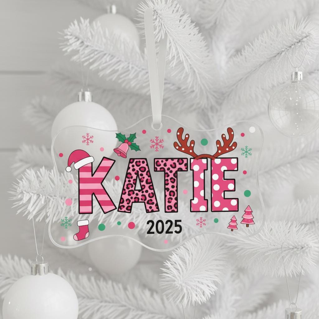 Personalized Acrylic Christmas Ornament, Custom Pink Name Decoration, Cute Holiday Gift for Girls, Festive Tree Keepsake with Year Design