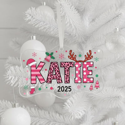 Personalized Acrylic Christmas Ornament, Custom Pink Name Decoration, Cute Holiday Gift for Girls, Festive Tree Keepsake with Year Design