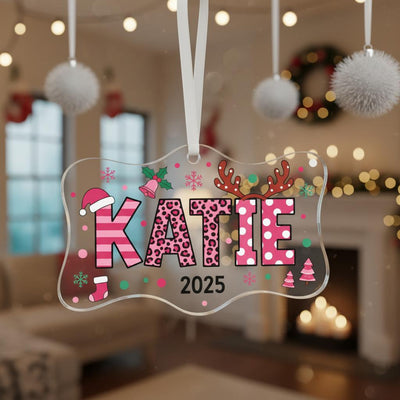 Personalized Acrylic Christmas Ornament, Custom Pink Name Decoration, Cute Holiday Gift for Girls, Festive Tree Keepsake with Year Design