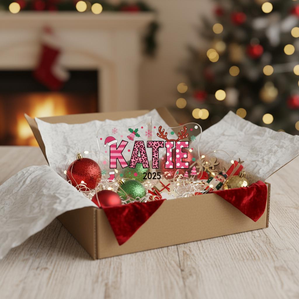 Personalized Acrylic Christmas Ornament, Custom Pink Name Decoration, Cute Holiday Gift for Girls, Festive Tree Keepsake with Year Design