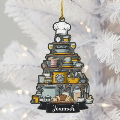 Personalized Chef Ornament, Custom Name Ceramic Christmas Gift for Cook, Kitchen Utensil Tree Design, Baking Lover Holiday Keepsake,Ornament