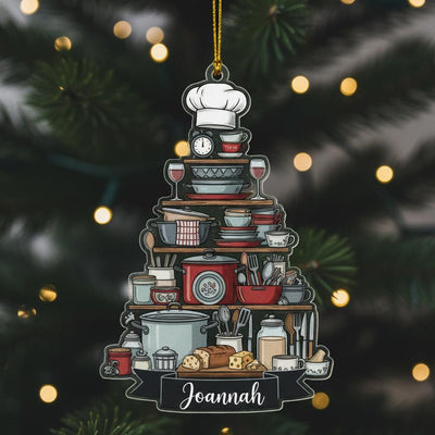 Personalized Chef Ornament, Custom Name Ceramic Christmas Gift for Cook, Kitchen Utensil Tree Design, Baking Lover Holiday Keepsake,Ornament