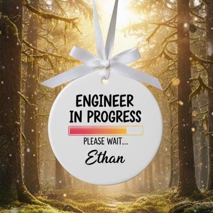 Engineer in Progress Ornament, Custom Name Ceramic Christmas Gift, Funny Engineering Student Decor, Tech Lover Holiday Tree Keepsake
