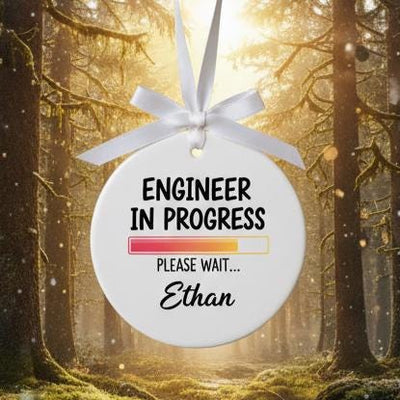 Engineer in Progress Ornament, Custom Name Ceramic Christmas Gift, Funny Engineering Student Decor, Tech Lover Holiday Tree Keepsake