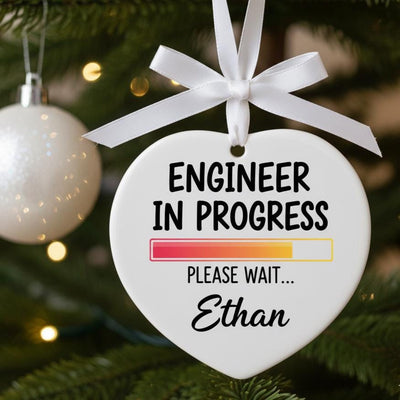 Engineer in Progress Ornament, Custom Name Ceramic Christmas Gift, Funny Engineering Student Decor, Tech Lover Holiday Tree Keepsake