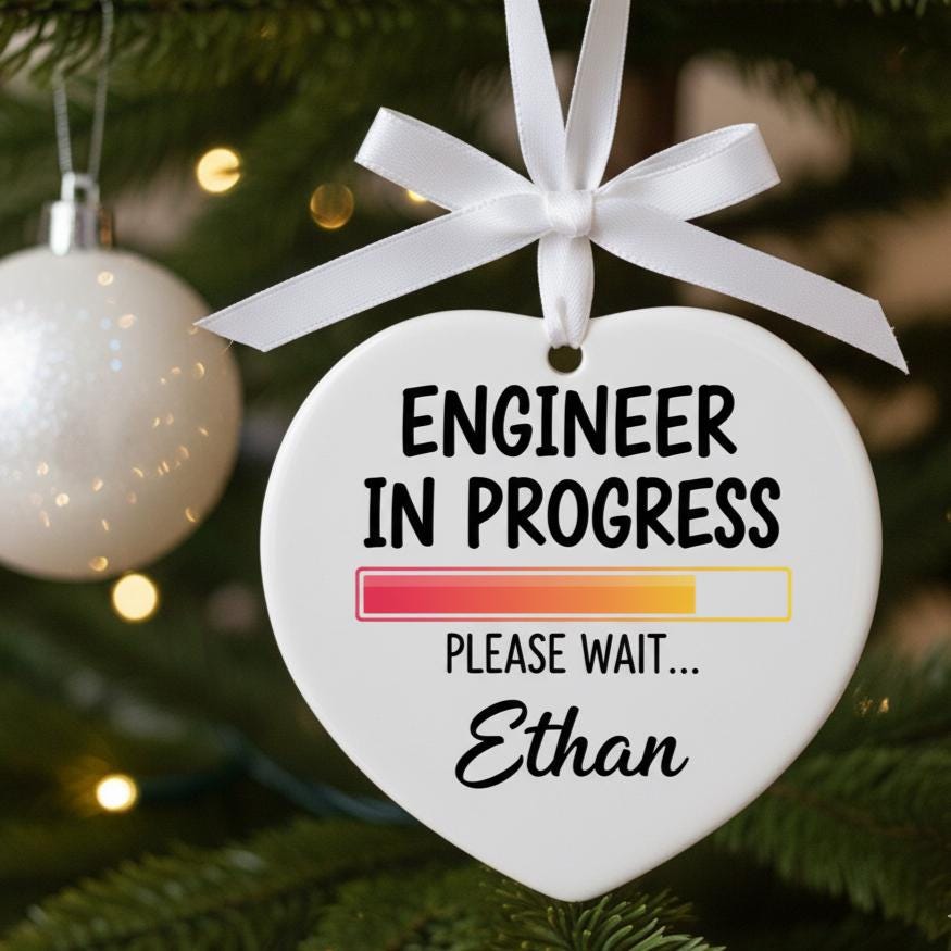Engineer in Progress Ornament, Custom Name Ceramic Christmas Gift, Funny Engineering Student Decor, Tech Lover Holiday Tree Keepsake