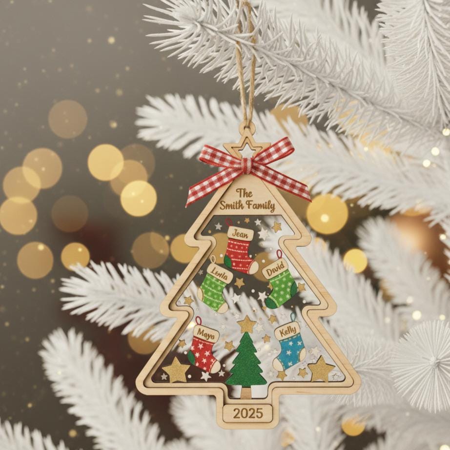 Personalized Family Christmas Ornament, Custom Wood Tree Ornament with Names and Year, Holiday Stocking Decor, Family Keepsake Gift