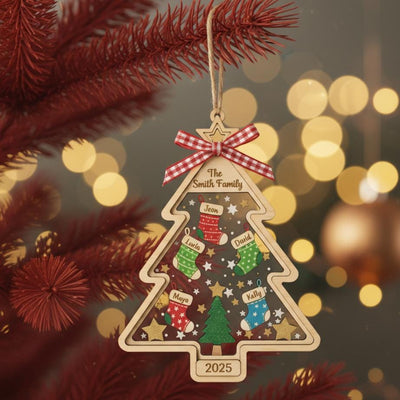Personalized Family Christmas Ornament, Custom Wood Tree Ornament with Names and Year, Holiday Stocking Decor, Family Keepsake Gift
