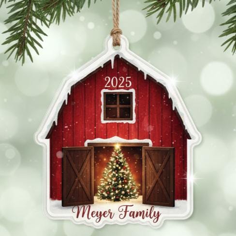 Personalized Barn Christmas Ornament, Custom Name and Year Acrylic Holiday Gift, Red Farmhouse Ornament, Family Country Keepsake 2025