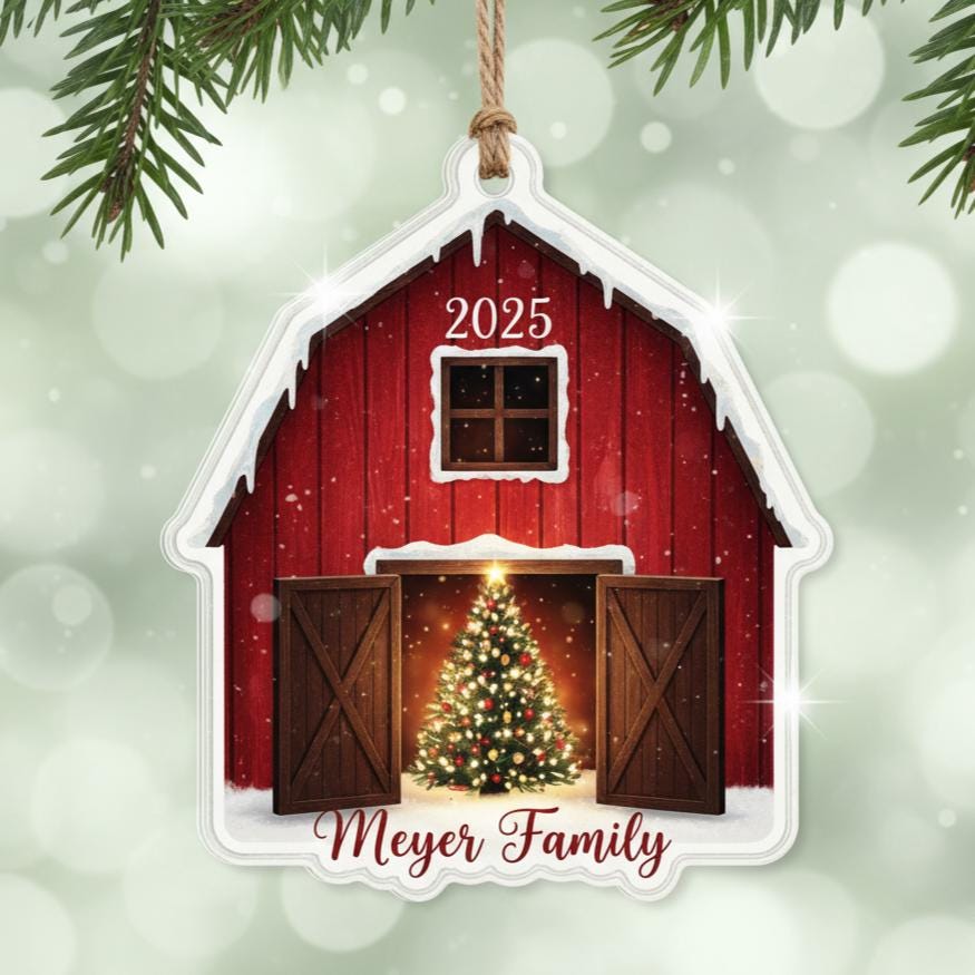 Personalized Barn Christmas Ornament, Custom Name and Year Acrylic Holiday Gift, Red Farmhouse Ornament, Family Country Keepsake 2025