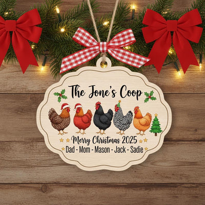 Personalized Chicken Family Ornament, Custom Name and Year Wooden Christmas Gift, Farmhouse Hen Coop Decor, Rustic Holiday Keepsake 2025