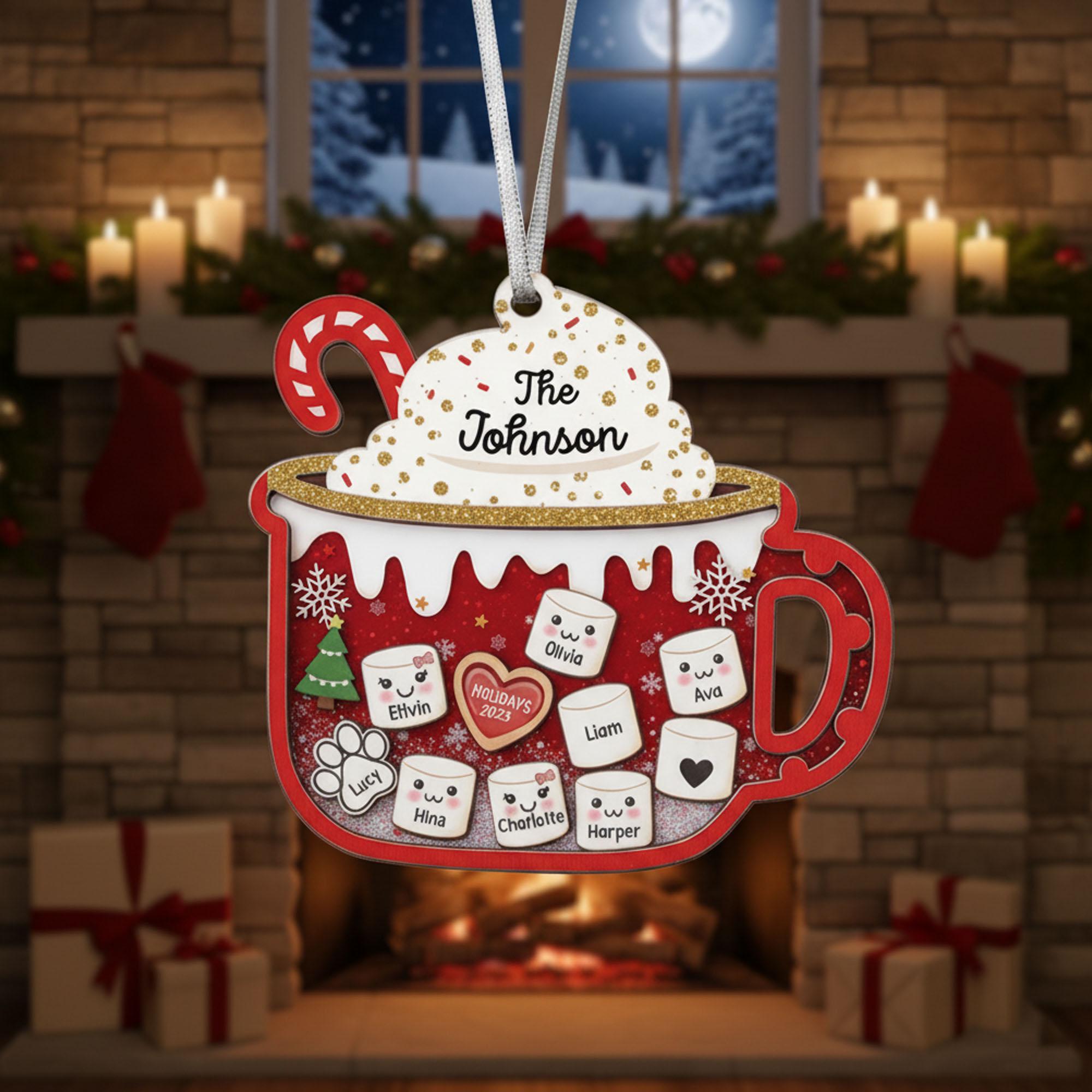 Custom Family Hot Cocoa Ornament, Personalized Acrylic Christmas Mug, Custom Names and Year Decoration, Holiday Keepsake Gift for Family
