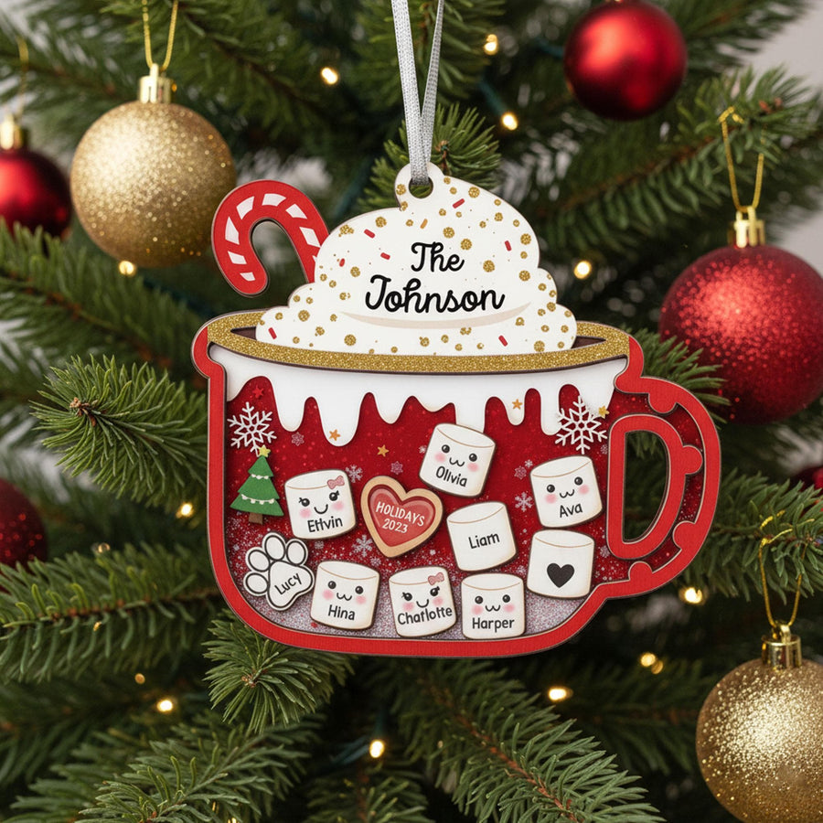 Custom Family Hot Cocoa Ornament, Personalized Acrylic Christmas Mug, Custom Names and Year Decoration, Holiday Keepsake Gift for Family