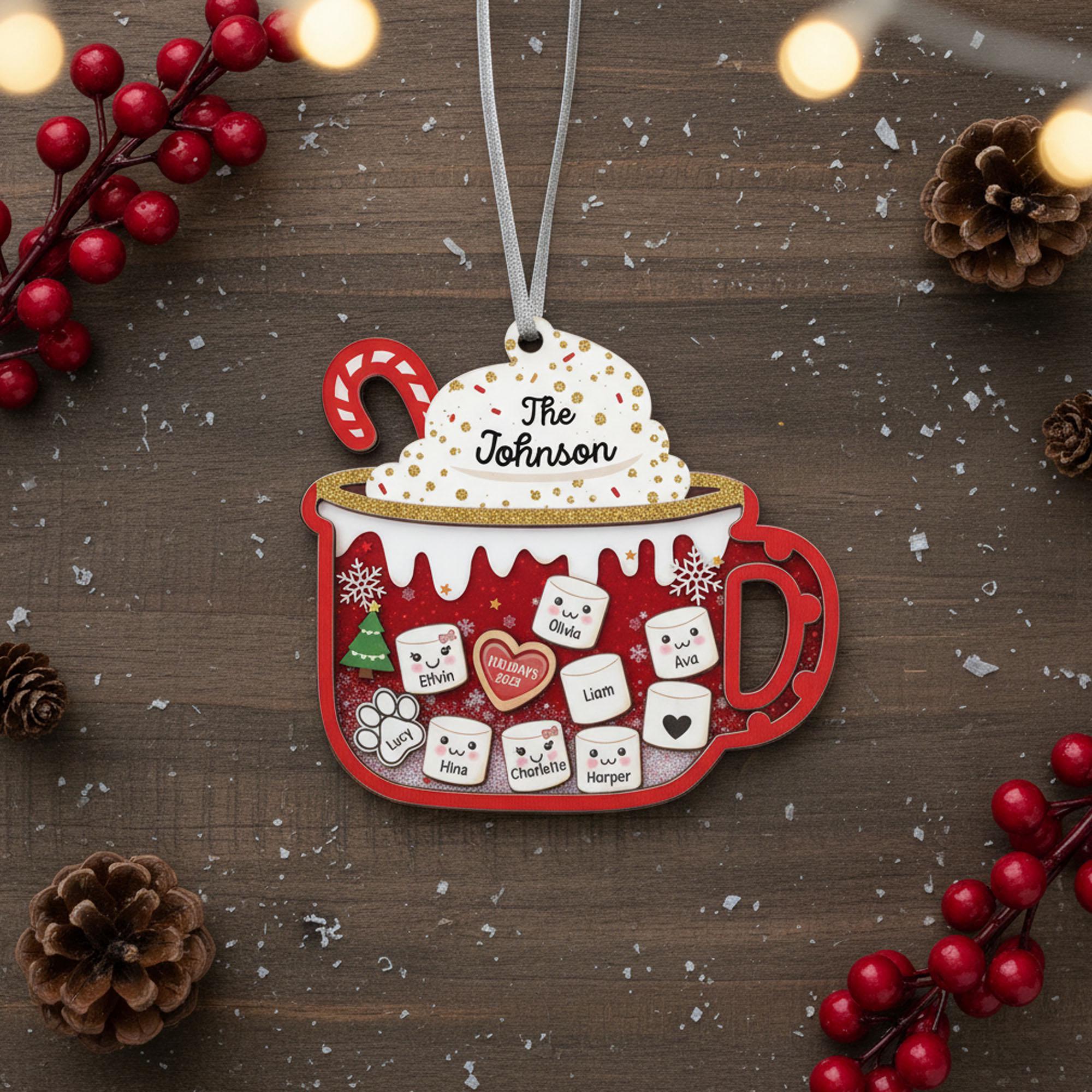 Custom Family Hot Cocoa Ornament, Personalized Acrylic Christmas Mug, Custom Names and Year Decoration, Holiday Keepsake Gift for Family