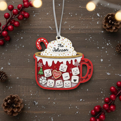 Custom Family Hot Cocoa Ornament, Personalized Acrylic Christmas Mug, Custom Names and Year Decoration, Holiday Keepsake Gift for Family