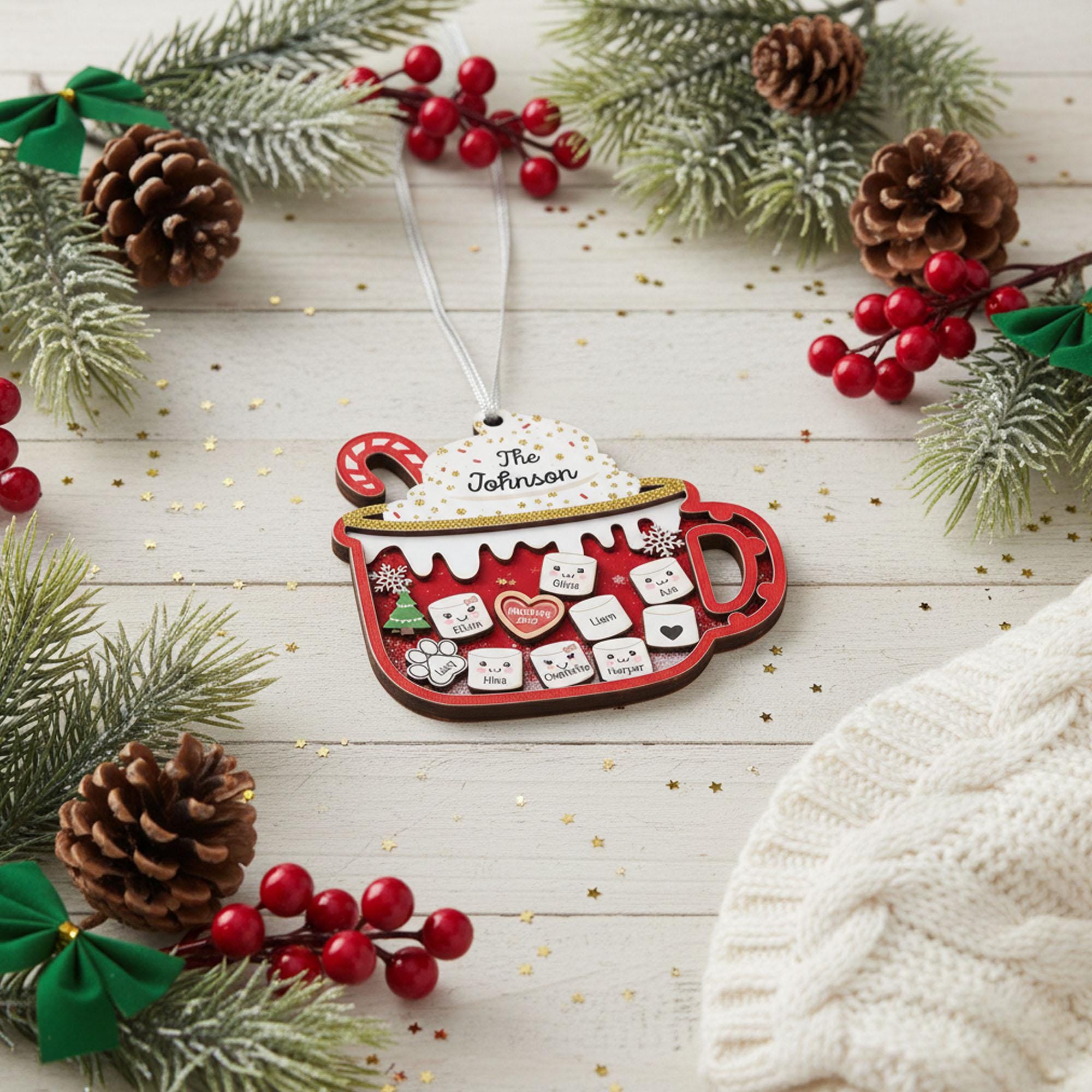 Custom Family Hot Cocoa Ornament, Personalized Acrylic Christmas Mug, Custom Names and Year Decoration, Holiday Keepsake Gift for Family