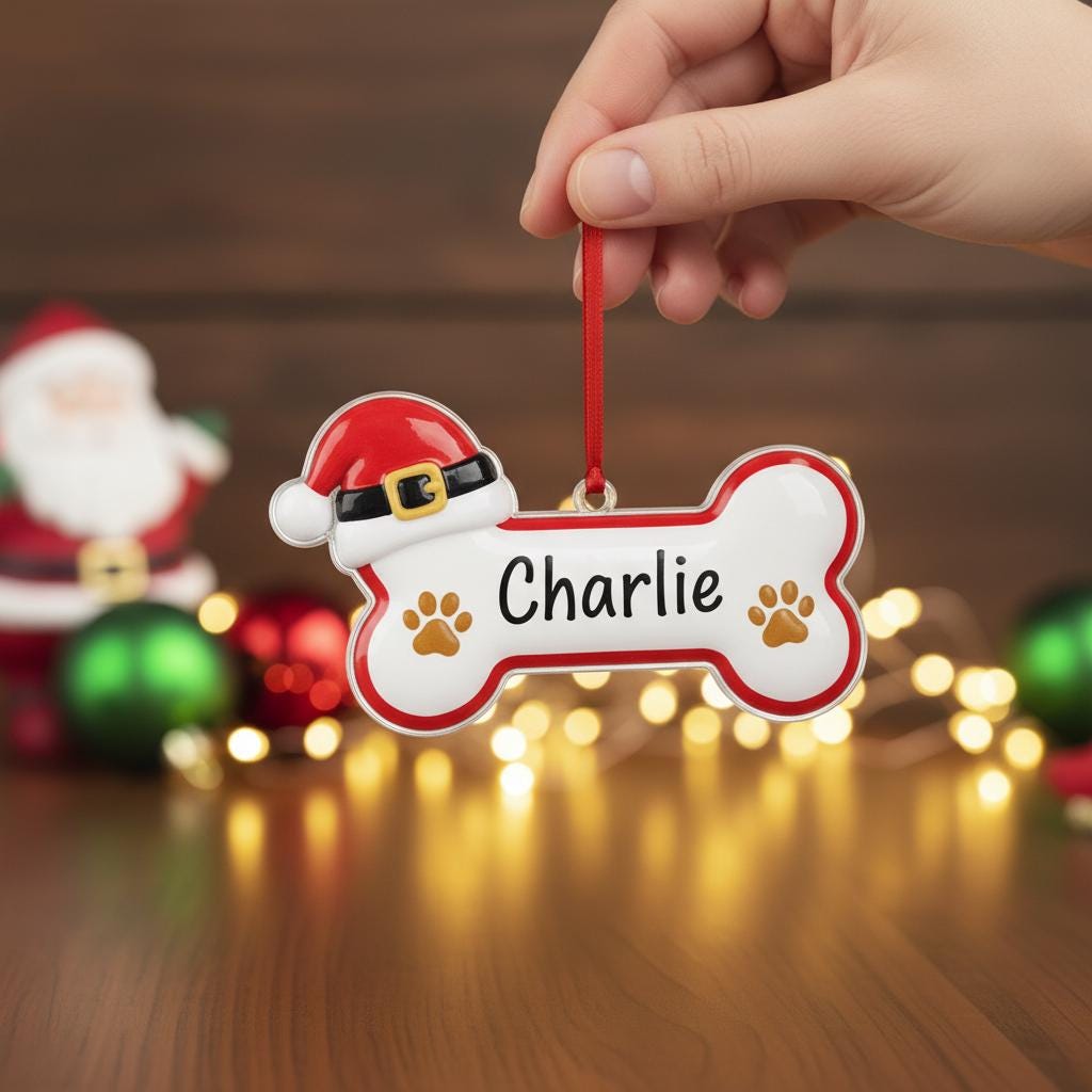 Personalized Dog Bone Ornament, Custom Dog Name Christmas Ornament, Acrylic Pet Ornament, Puppy Gift, Pet Lover Holiday Tree Decor, Ornament