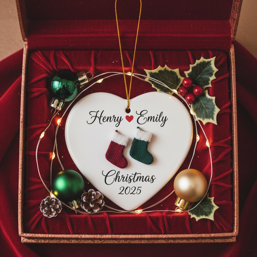 Personalized 2D Couple Christmas Ornament, Custom Names Ceramic Ornament, Heart Love Holiday Gift, Romantic Keepsake for Him Her, Xmas Decor