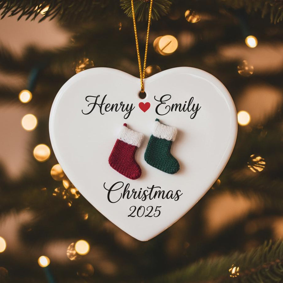Personalized 2D Couple Christmas Ornament, Custom Names Ceramic Ornament, Heart Love Holiday Gift, Romantic Keepsake for Him Her, Xmas Decor