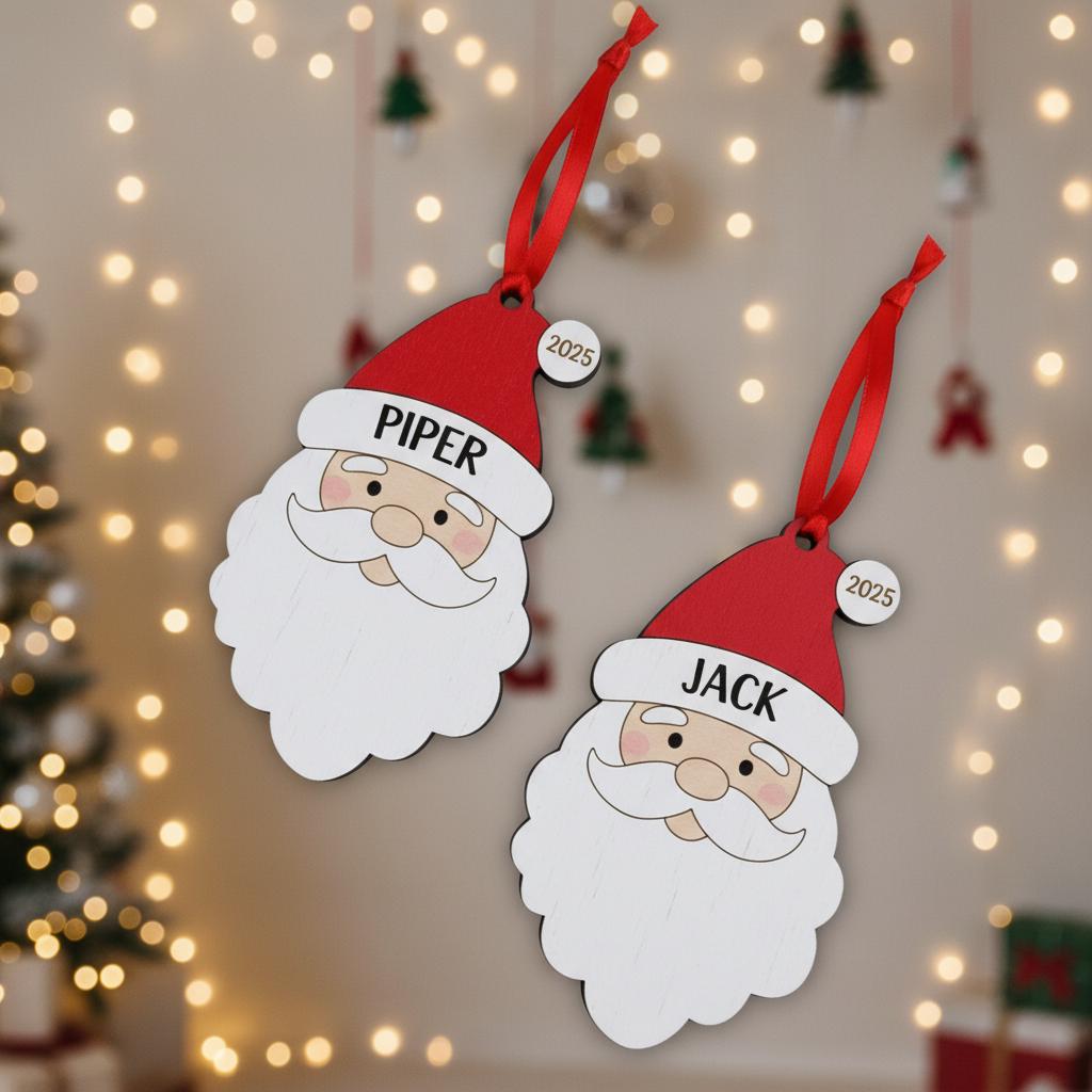 Personalized Santa Ornament, Custom Wooden Christmas Decoration with Name and Year, Cute Holiday Gift for Kids, Family Tree Ornament 2025