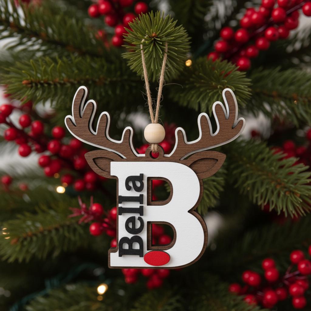 Personalized Reindeer Ornament, Custom Name Christmas Decoration, Wooden Rudolph Ornament Gift for Kids, Family, Holiday Tree Decor