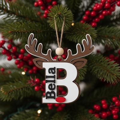 Personalized Reindeer Ornament, Custom Name Christmas Decoration, Wooden Rudolph Ornament Gift for Kids, Family, Holiday Tree Decor