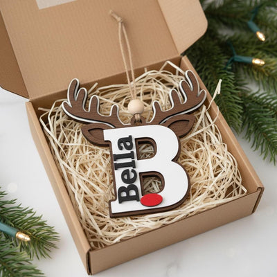 Personalized Reindeer Ornament, Custom Name Christmas Decoration, Wooden Rudolph Ornament Gift for Kids, Family, Holiday Tree Decor