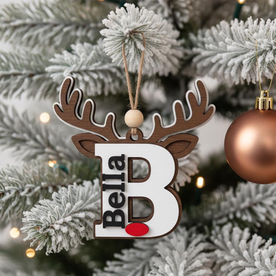 Personalized Reindeer Ornament, Custom Name Christmas Decoration, Wooden Rudolph Ornament Gift for Kids, Family, Holiday Tree Decor