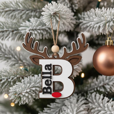 Personalized Reindeer Ornament, Custom Name Christmas Decoration, Wooden Rudolph Ornament Gift for Kids, Family, Holiday Tree Decor