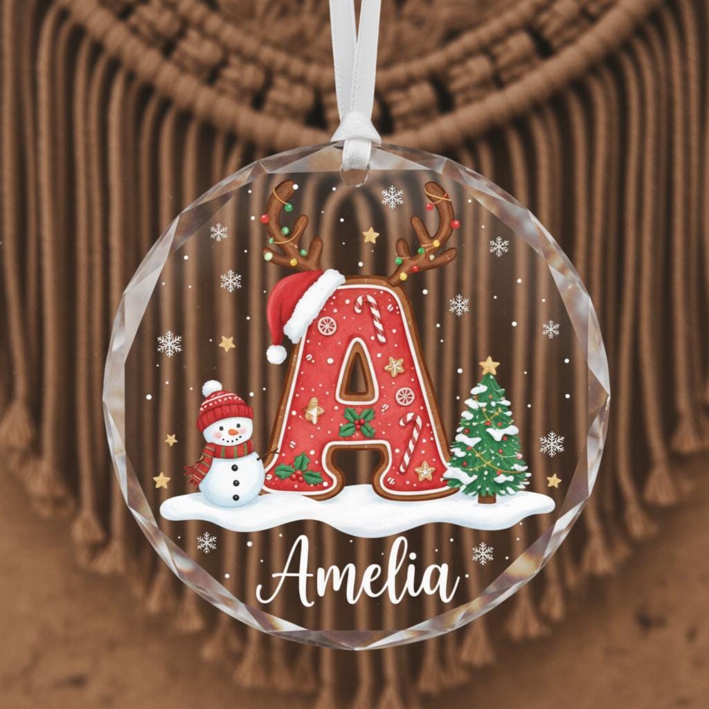 Personalized Glass Christmas Ornament, Custom Name and Initial Ornament, Reindeer Letter Holiday Decor, Snowman Christmas Gift Keepsake 2025