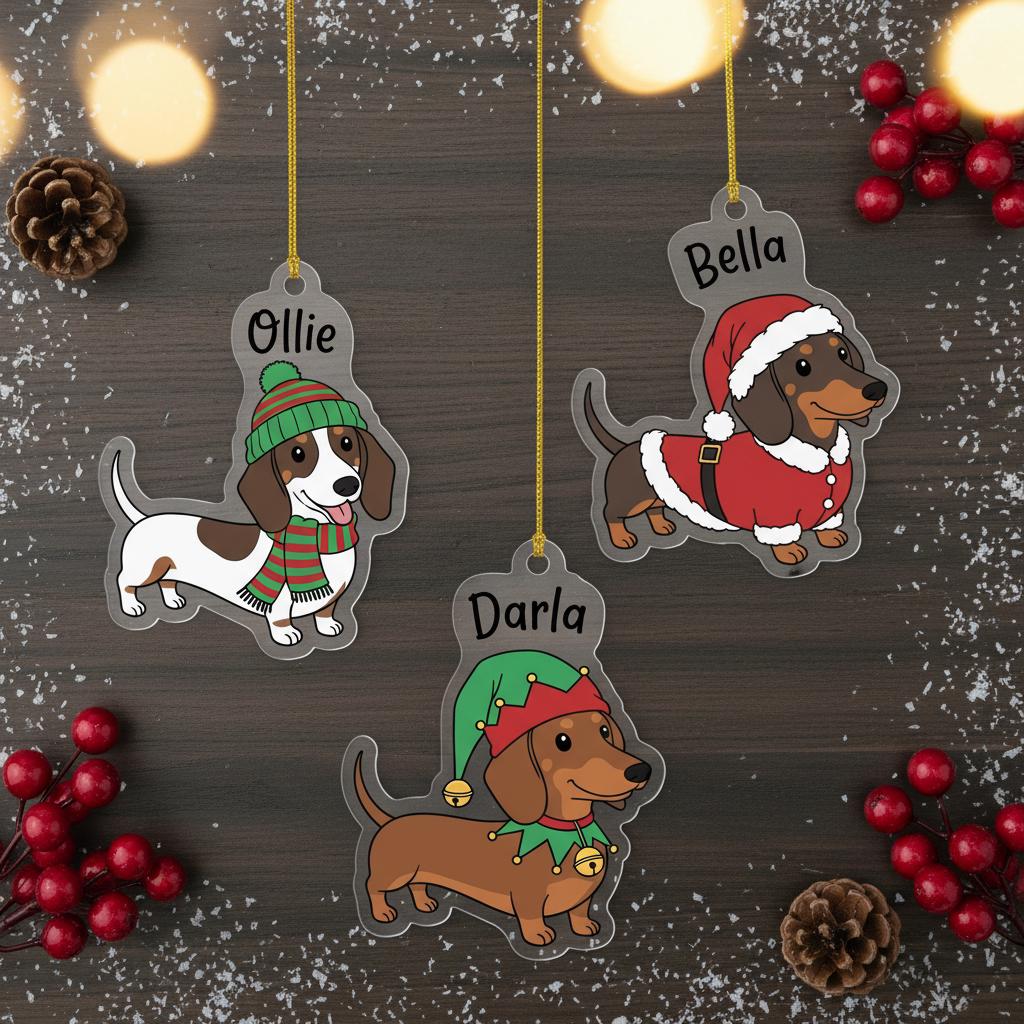 Personalized Dog Ornament, Custom Acrylic Pet Ornament with Dog Name, Cute Dachshund Holiday Decor, Gift for Dog Lovers, Pet Keepsake